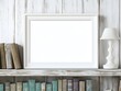 © Boss Architectura  - Mockup of a plain white picture frame displayed on a weathered wooden bookshelf in a cozy farmhouse living room bathed in soft natural light creating a clean and serene ambiance