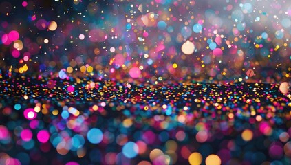 Wall Mural - A grainy background of tiny colorful particles, like confetti or glitter, floating in the air with shallow depth of field. The particles should be of various sizes and colors to create an abstract, dy