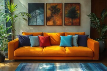 Sticker - japandi serenity modern living room with terracotta sofa colorful pillows against minimalist backdrop warm lighting enhances cozy yet sleek aesthetic