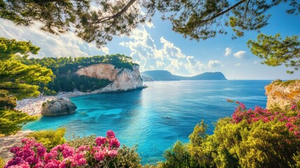 View panoramic of the coastline with blue sea and trees and flowers around background wallpaper AI generated image