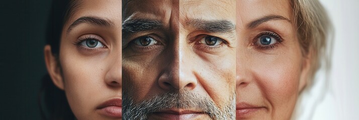 Aufkleber - Three individuals of different ages and backgrounds share a close-up perspective, vividly displaying their unique features and expressions in a striking composition. Generative AI