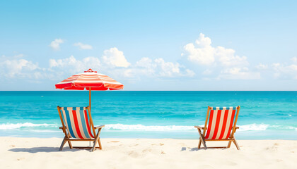 Wall Mural - Beach umbrella with two chairs on the sand. summer travel vacation background with copy space.  edited isolated with white highlights, png