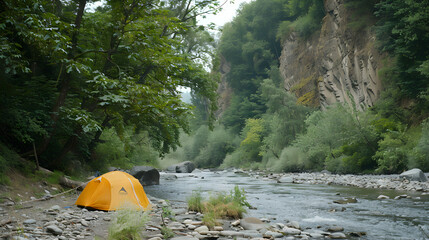 Wall Mural - camping in a tent near a beautiful and fast river