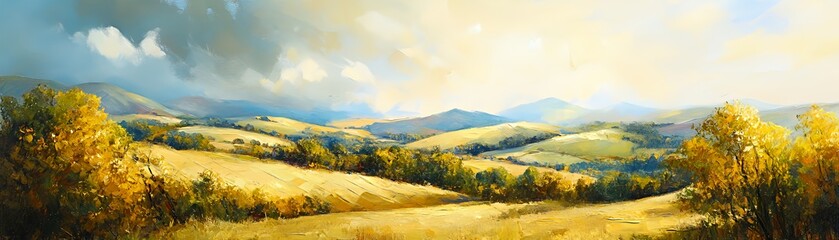 Wall Mural - A serene landscape showcasing rolling hills, golden fields, and distant mountains under a bright sky.