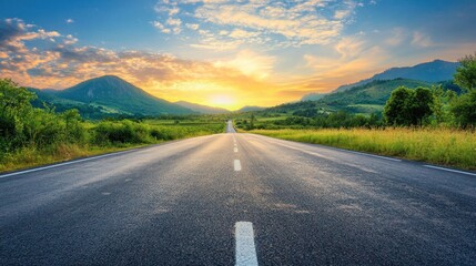 Wall Mural - View of a long straight deserted asphalt road with the evening sun sky background wallpaper AI generated image