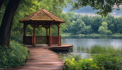 Wall Mural - A serene gazebo by a tranquil lake surrounded by lush greenery and a wooden pathway.