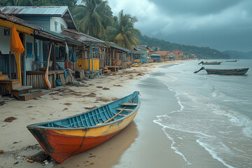 Old wooden fisherman boat at the dock in the fisherman village, Parking boat on the beach.