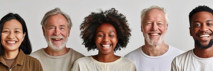 Poster - Five people of different ages and backgrounds stand together, smiling warmly against a light backdrop that brightens their expressions. Generative AI