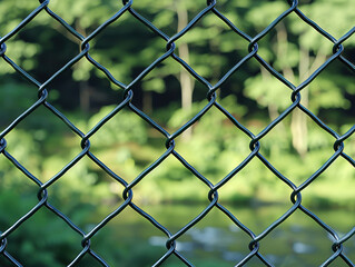 A close-up of a chain-link fence with a green, nature-filled background, blending the rigid structure with the softness of the natural surroundings.