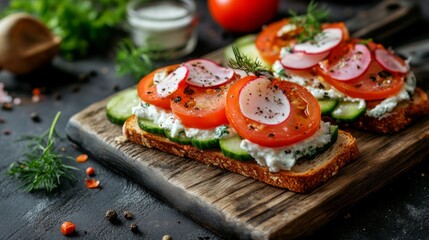 Wall Mural - Fresh and Healthy Lunch with Colorful Vegetables and Crispbread on a Wooden Table