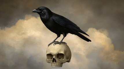 Wall Mural - A black raven perches on a human skull against a backdrop of ominous, swirling clouds. The image evokes themes of death, mystery, and the passage of time. The raven, a symbol of intelligence and foreb