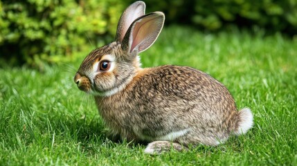 Cute view of brown fluffy rabbit animal relaxing on green grass native habitat background wallpaper AI generated image