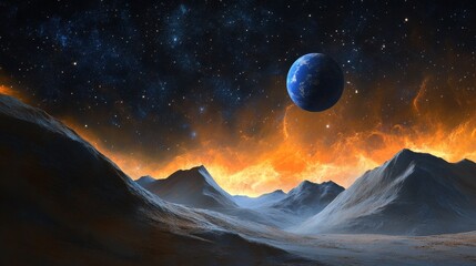 Poster - A breathtaking cosmic landscape featuring towering mountains against a vibrant sky, symbolizing exploration, wonder, infinity, serenity, and beauty.