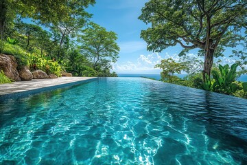 luxurious infinity pool overlooking lush tropical landscape sunlight glistening on water surface reflecting vibrant greenery and blue sky