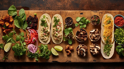 Fresh Mexican Gourmet Tacos with dips, salsa, guacamole, toppings and seasonings made with Generative AI