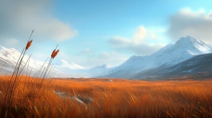 Sticker - A breathtaking view showcasing vast tundra, majestic mountains, golden grasses, serene skies, and the peaceful essence of nature's strength.