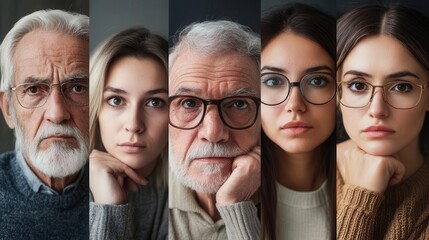 Poster - This artwork features five individuals of different ages and backgrounds, each displaying unique expressions while resting their chins on their hands. Generative AI
