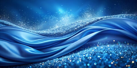 Luxurious blue background with shiny silk and glitter on bokeh. Royal blue glitter texture surface