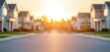 © Jirapron - A serene suburban street bathed in golden sunlight, showcasing modern houses and a peaceful atmosphere at sunset. suburban development concept.