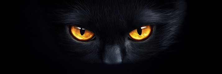 Wall Mural - A close-up of a black cat's piercing yellow eyes glowing in the darkness. The image symbolizes mystery, danger, and the power of intuition.