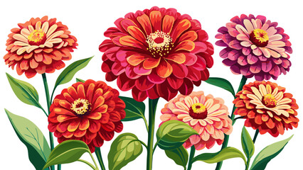 Wall Mural - Vibrant Zinnia Flower With Green Leaves Illustration - Colorful illustration of a vibrant red zinnia flower with lush green leaves. Perfect for botanical designs and floral decorations.