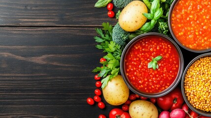 Wall Mural - A vibrant bowl of rich red soup includes pieces of bread on a rustic wooden surface. Natural light enhances the inviting colors, creating a warm, appetizing atmosphere