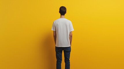 Man wearing white t shirt standing with back to camera against yellow background