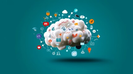 Sticker - A cloud shaped like a brain with various icons symbolizing different aspects of cloud computing, including data storage, security, networking, and innovation.