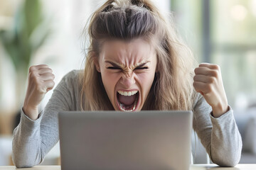 Canvas Print - Angry woman getting mad in front of a laptop. Woman receiving bad news, making a mistake