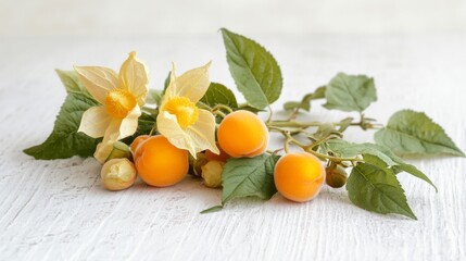 Wall Mural - Fresh Physalis and Apricot on White Wooden Background - Vibrant Fruits Display