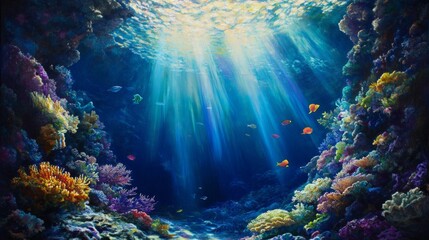 Sticker - A vibrant underwater scene filled with colorful coral reefs and playful fish swimming beneath sparkling sunlight rays. 