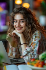 young beautiful caucasian woman wearing eyeglasses using silver laptop in cafe : Generative AI