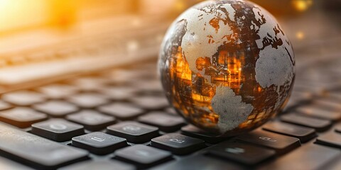 Wall Mural - 3D Earth globe on top of a computer keyboard, digital world concept, in orange and grey colors, blurred background Generative AI