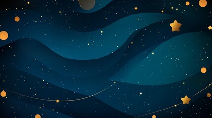 Canvas Print - A mesmerizing abstract background with a dark blue night sky, twinkling stars, and golden circles. The wavy design suggests a flowing, ethereal feeling, with a sense of wonder and mystery.