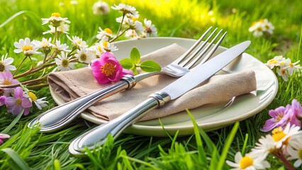 A beautifully set outdoor spring-inspired table setting features a polished silver fork and knife placed on a soft green grass background with blooming flowers.