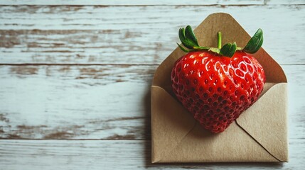 Wall Mural - Fresh Strawberry in Paper Envelope on Wooden White Background - Top View Flat Lay Concept for Creative Culinary Design