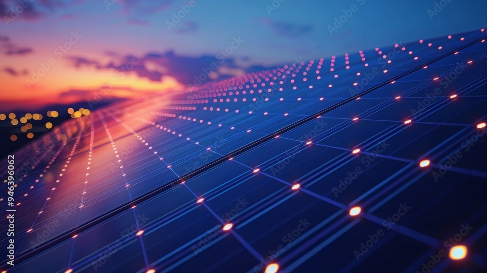 A close-up of a solar panel illuminated at night, showcasing the ...