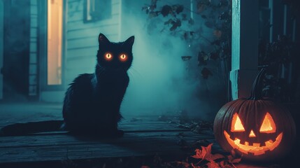 Wall Mural - (Mystical black cat with glowing eyes sitting on a pumpkin-lit porch, surrounded by fog