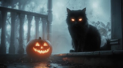 Wall Mural - (Mystical black cat with glowing eyes sitting on a pumpkin-lit porch, surrounded by fog