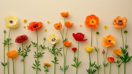 Wall Mural - Colorful Poppy Flowers in a Row on a Beige Background