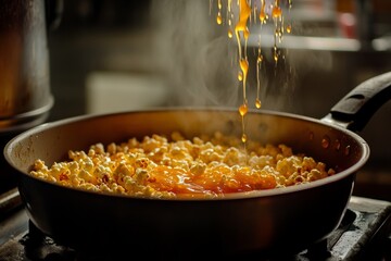 A close-up of popcorn cooking in a skillet with caramel drizzle. Delicious snack creation in a kitchen setting. Perfect for food lovers. Generative AI