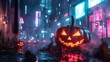 © TI3ee - A glowing jack-o'-lantern sits on a wet city street with neon lights reflecting in the puddles.