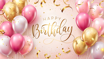 Happy birthday card with pink balloons and a golden confetti background text 