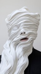 dreamlike sculpture of a face draped in fluid white strands resembling hair