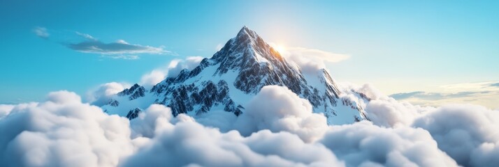 Poster - A stunning view of a snow-capped mountain peak rising above a sea of clouds, symbolizing ambition, strength, reaching new heights, overcoming challenges, and the beauty of nature.