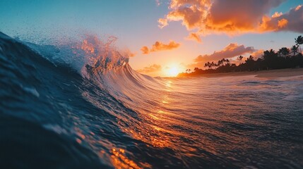 Sticker - A stunning wave breaks in Hawaii at sunset, capturing the beauty of ocean life, serenity of nature, and vibrant colors reflected in the water.