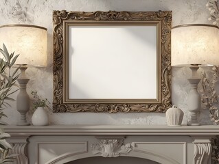 Wall Mural - Ornate Antique 3D Rendered Mockup Frame Centered on Rustic Farmhouse Mantelpiece Under Dramatic High Contrast Lighting Hints of Vintage Grandeur and Elegance