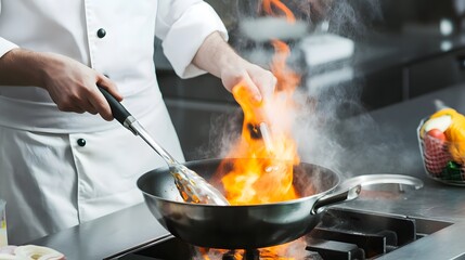 Wall Mural - Chef in white uniform flames food in a pan