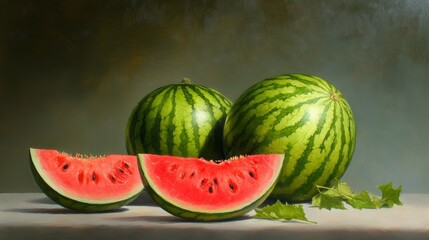 Canvas Print - A vibrant display of whole watermelons and freshly cut slices, symbolizing summer, refreshment, health, enjoyment, and natural sweetness.