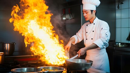 Wall Mural - A male chef in a white uniform cooks over a fiery flame.